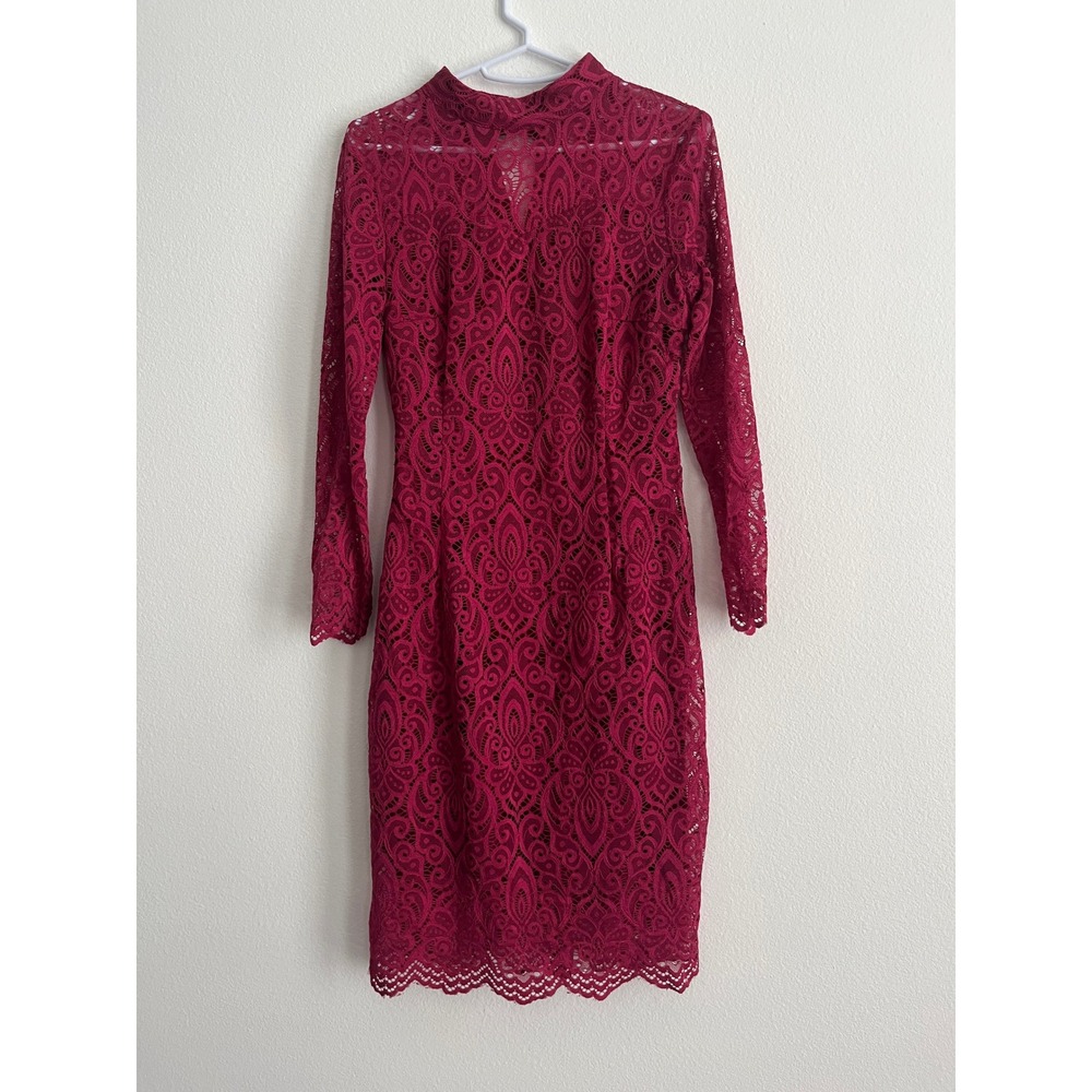 Noctflos Womens Long Sleeve Lace Sheath Dress Berry Wine‎ Mock Neck Size Small